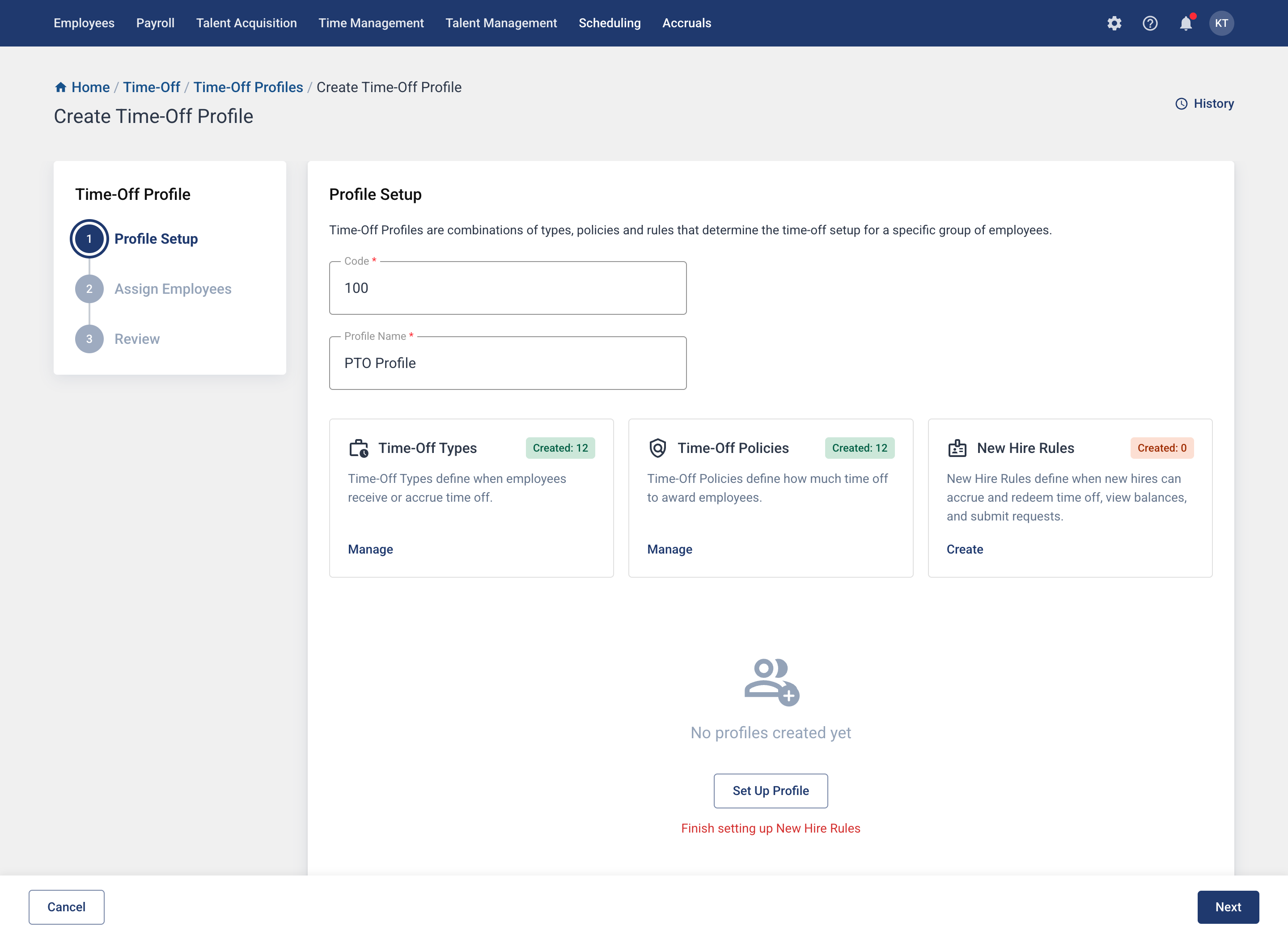Redesigned accrual setup navigation with status cards